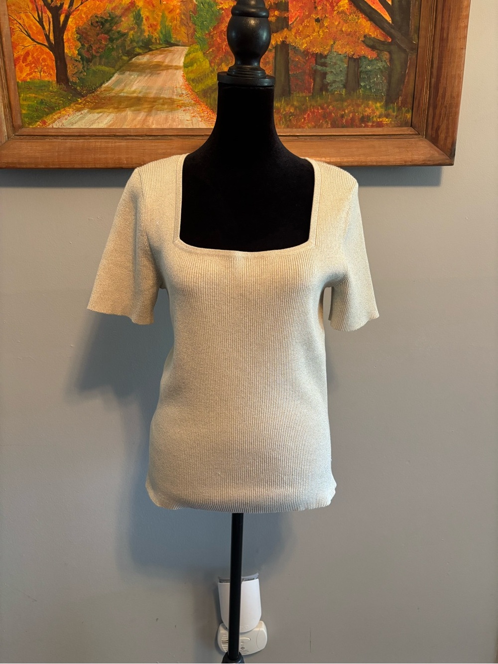 LOFT Women’s Ribbed Square Neckline Knit Top in Beige(light gold) Size L